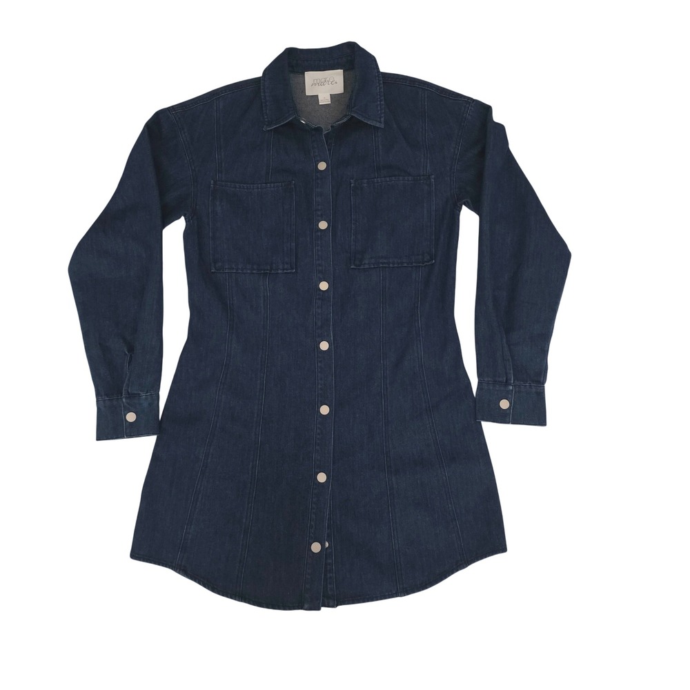 Mare Mare Anthropologie Blue Denim Dark Wash Snap Front Mini Shirt Dress Small
